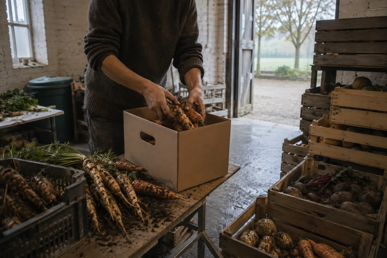 Een landbouwer pakt ongewassen wortelen in een kartonnen doos in een hoevewinkel