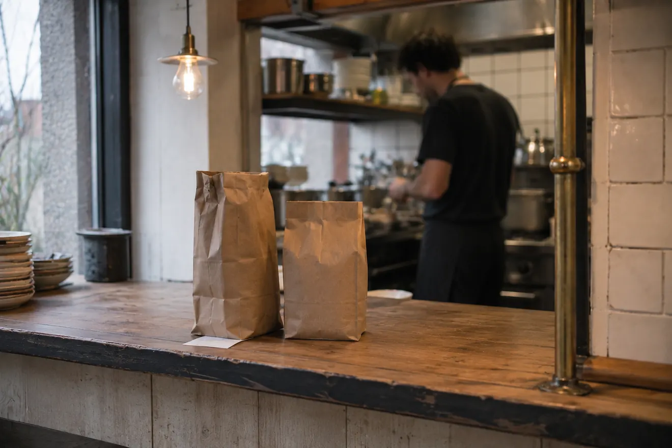 Twee papieren afhaalzakken staan klaar op de toog van een restaurant terwijl de kok achteraan doorwerkt