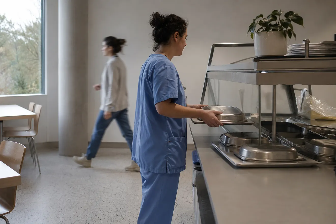 Een verpleegkundige neemt een afgedekte maaltijdschaal van de uitgiftebalie in een ziekenhuisrestaurant